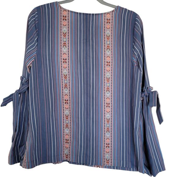 LC Lauren Conrad Indigo Sky Striped Printed Bell Long Sleeve Blouse Women Sz M - Picture 3 of 7